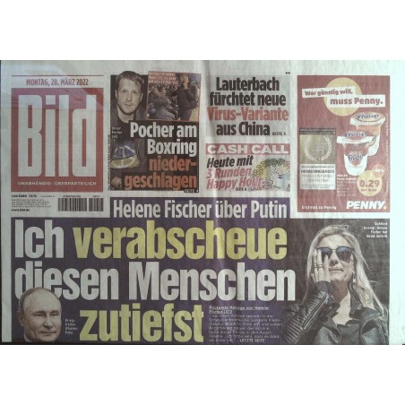 Bild Zeitung Montag, 28 März 2022 - Helene Fischer über Putin