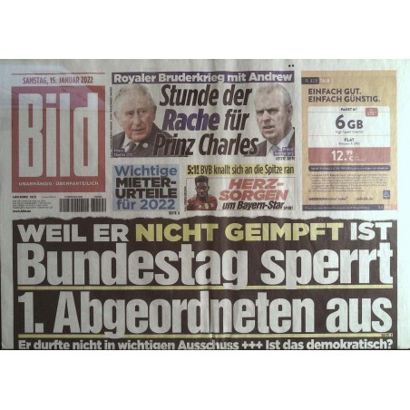 Bild Zeitung Samstag, 15 Januar 2022 - Nicht geimpft