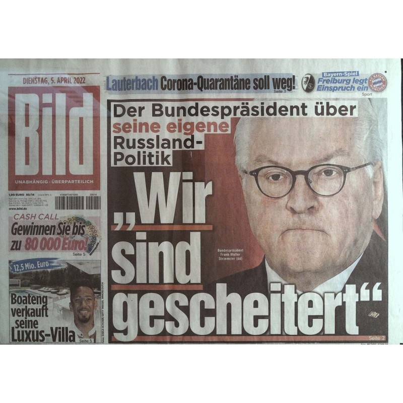 Bild Zeitung Dienstag, 5 April 2022 - Wir sind gescheitert