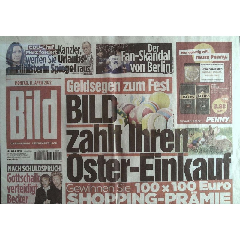 Bild Zeitung Montag, 11 April 2022 - Oster-Einkauf