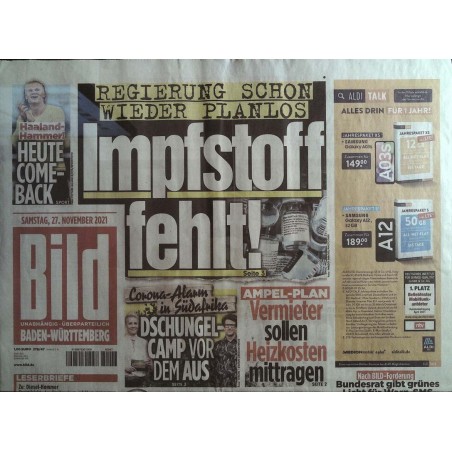 Bild Zeitung Samstag, 27 November 2021 - Impstoff fehlt!