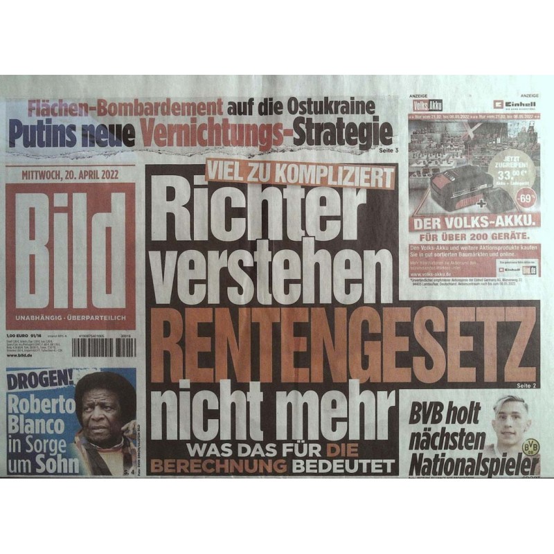 Bild Zeitung Mittwoch, 20 April 2022 - Rentengesetz