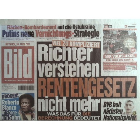 Bild Zeitung Mittwoch, 20 April 2022 - Rentengesetz