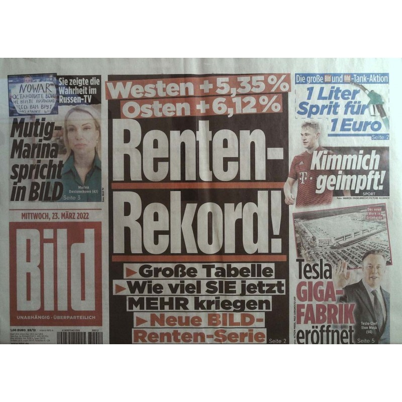 Bild Zeitung Mittwoch, 23 März 2022 - Renten-Rekord!