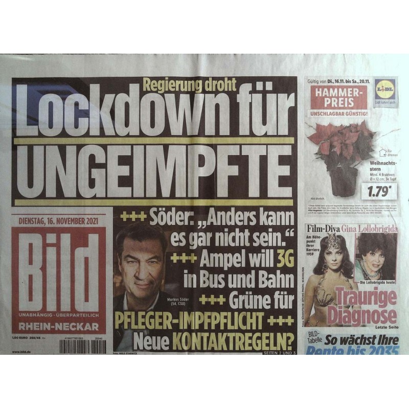 Bild Zeitung Dienstag, 16 November 2021 - Lockdown für Ungeimpfte