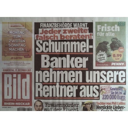 Bild Zeitung Donnerstag, 23 Dezember 2021 - Schummel-Banker