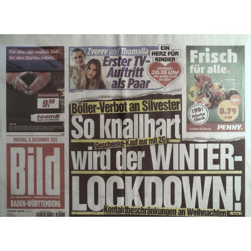Bild Zeitung Freitag, 3 Dezember 2021 - Winter-Lockdown