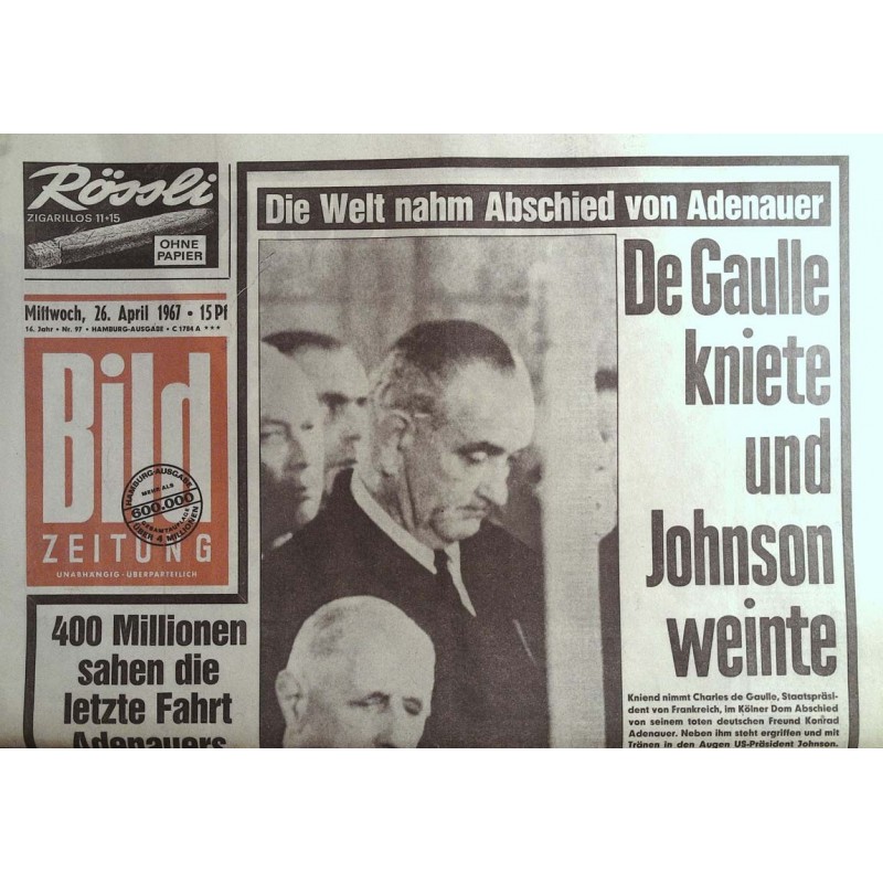Bild Zeitung Mittwoch, 26 April 1967 - De Gaulle