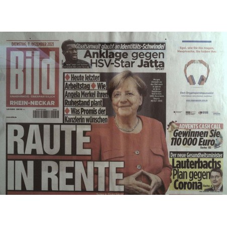 Bild Zeitung Dienstag, 7 Dezember 2021 - Raute in Rente