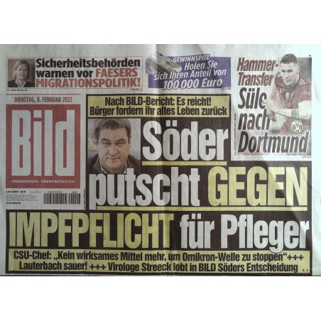 Bild Zeitung Dienstag, 8 Februar 2022 - Gegen Impfpflicht