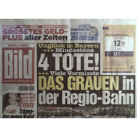 Bild Zeitung Samstag, 4 Juni 2022 - Das grauen in der Regio-Bahn