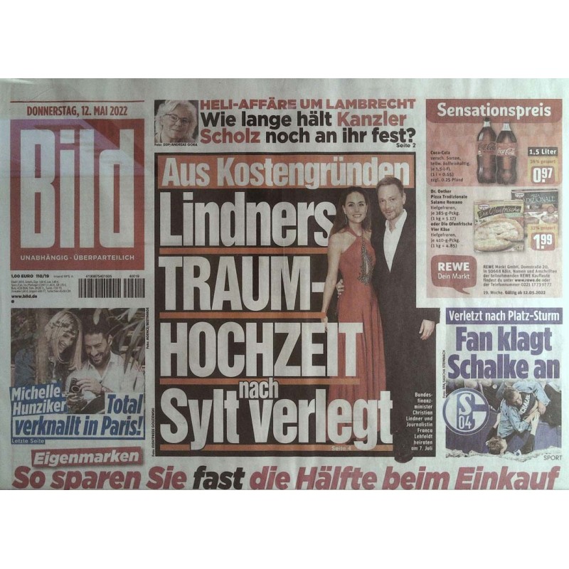 Bild Zeitung Donnerstag, 12 Mai 2022 - Lindners Traumhochzeit