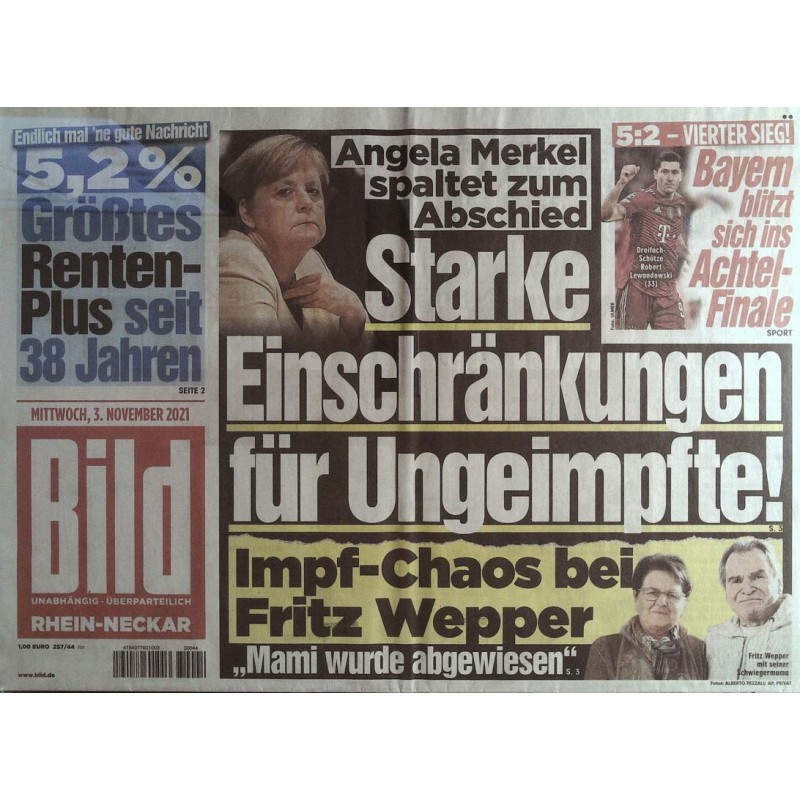 Bild Zeitung Mittwoch, 3 November 2021 - Starke Einschränkungen