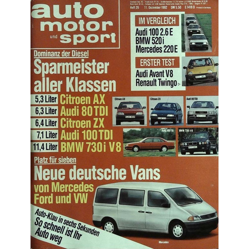 auto motor & sport Heft 26 / 11 Dezember 1992 - Neue deutsche Vans