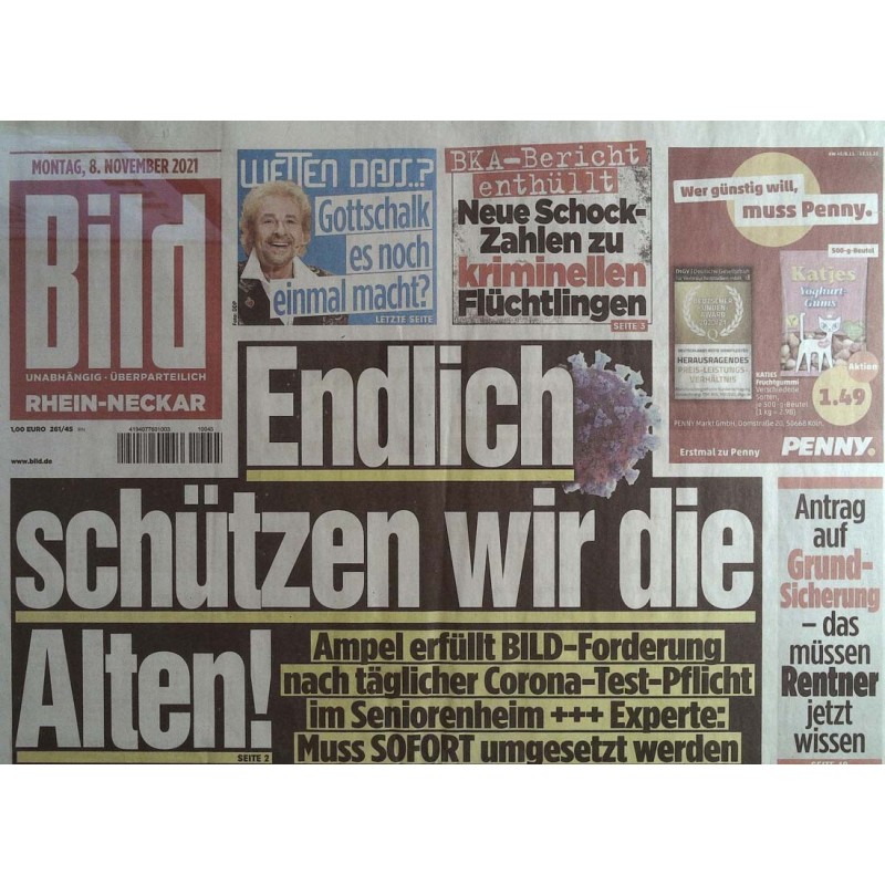 Bild Zeitung Montag, 8 November 2021 - Endlich schützen wir die Alten