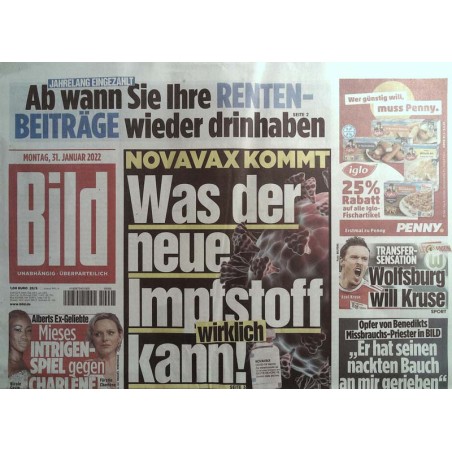 Bild Zeitung Montag, 31 Januar 2022 - Novavax kommt