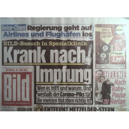 Bild Zeitung Mittwoch, 29 Juni 2022 - Krank nach Impfung