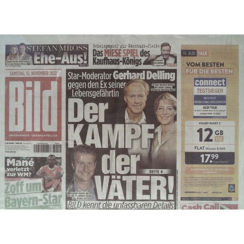 Bild Zeitung Samstag, 12 November 2022 - Gerhard Delling