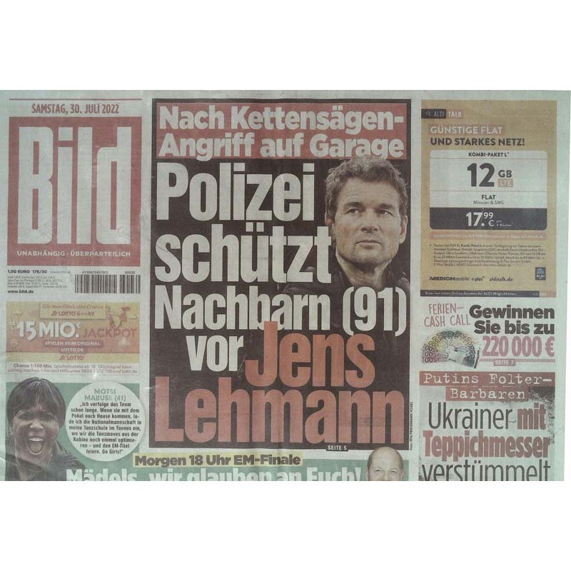 Bild Zeitung Samstag, 30 Juli 2022 - Jens Lehmann