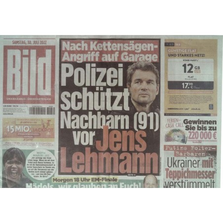 Bild Zeitung Samstag, 30 Juli 2022 - Jens Lehmann