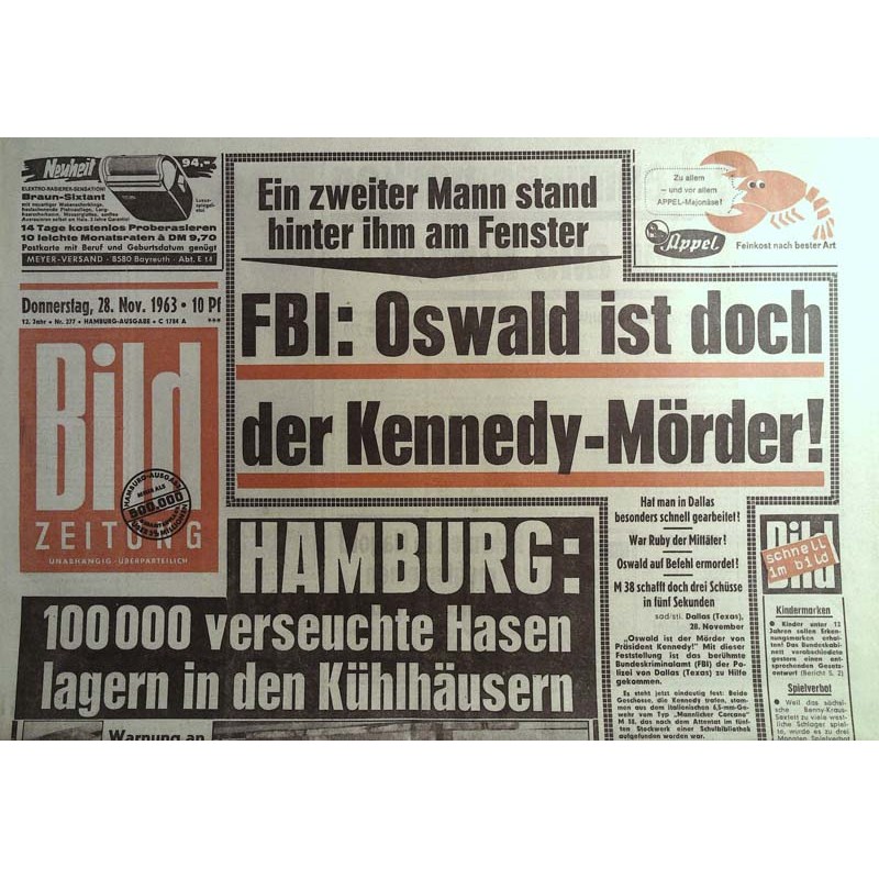 Bild Zeitung Donnerstag, 28 November 1963 - Kennedy Mörder
