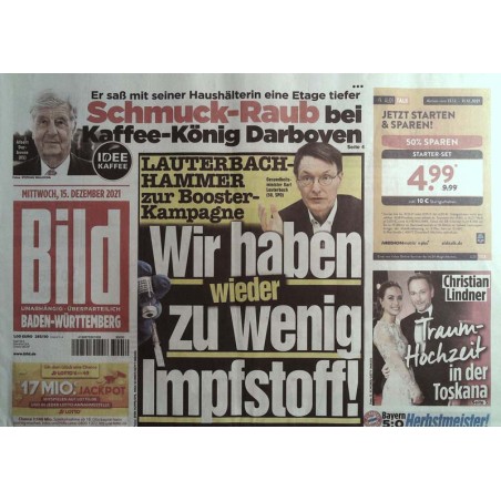 Bild Zeitung Mittwoch, 15 Dezember 2021 - Zu wenig Impfstoff