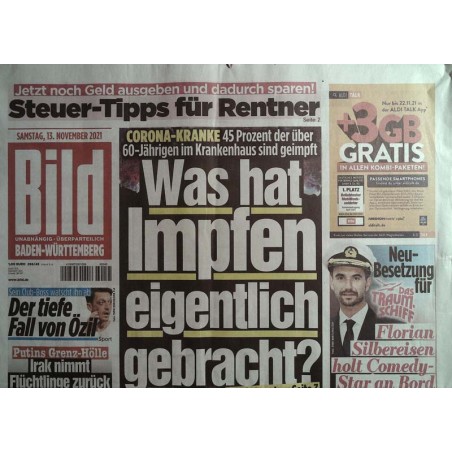 Bild Zeitung Samstag, 13 November 2021 - Corona Kranke