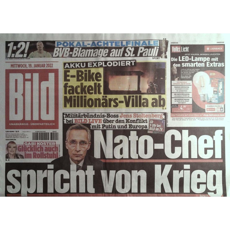 Bild Zeitung Mittwoch, 19 Januar 2022 - Nato Chef spricht von Krieg