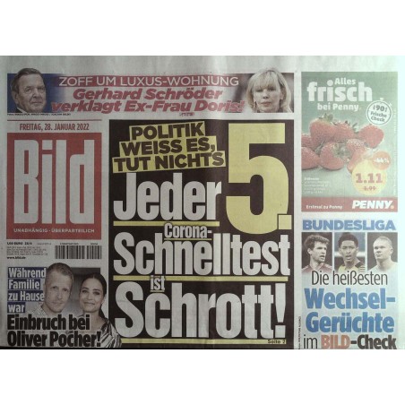 Bild Zeitung Freitag, 28 Januar 2022 - Jeder 5. Schnelltest ist Schrott