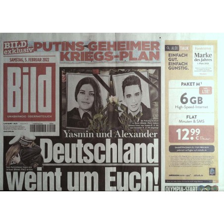 Bild Zeitung Samstag, 5 Februar 2022 - Yasmin und Alexander