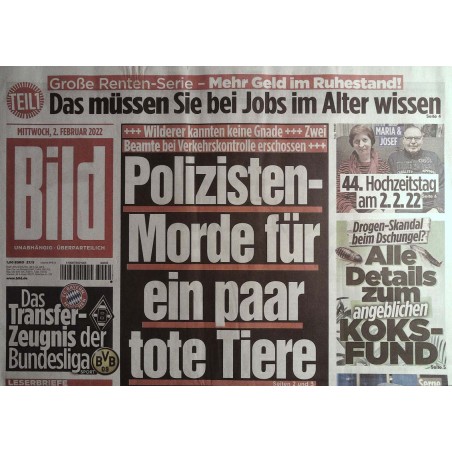 Bild Zeitung Mittwoch, 2 Februar 2022 - Polizisten Mord