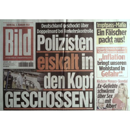 Bild Zeitung Dienstag, 1 Februar 2022 - Doppelmord Polizisten