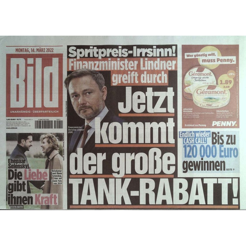 Bild Zeitung Montag , 14 März 2022 - Finanzminister Lindner