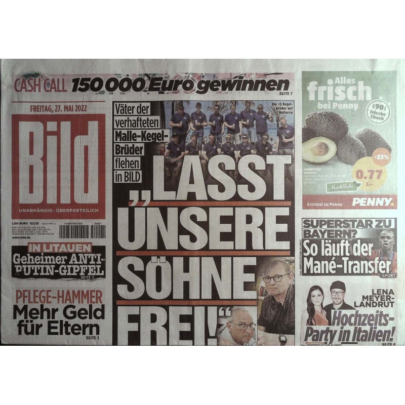 Bild Zeitung Freitag, 27 Mai 2022 - Malle-Kegel-Brüder