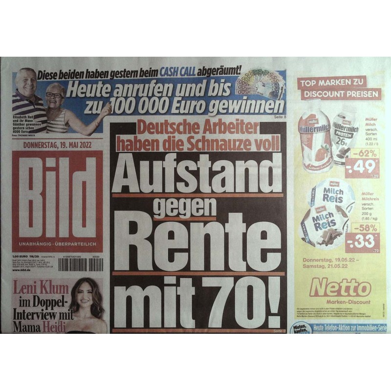 Bild Zeitung Donnerstag, 19 Mai 2022 - Aufstand gegen Rente