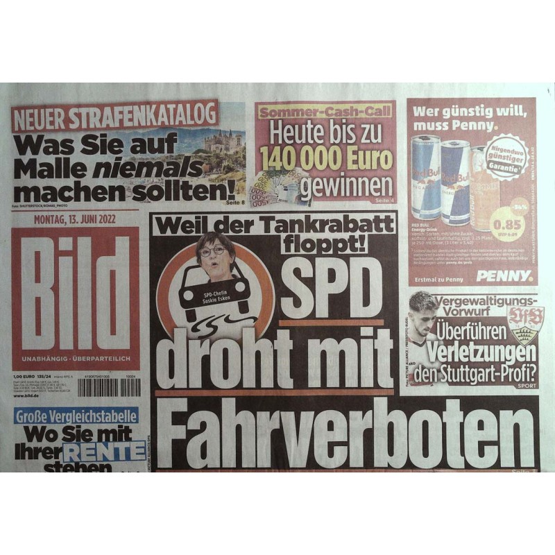 Bild Zeitung Montag, 13 Juni 2022 - SPD droht mit Fahrverboten