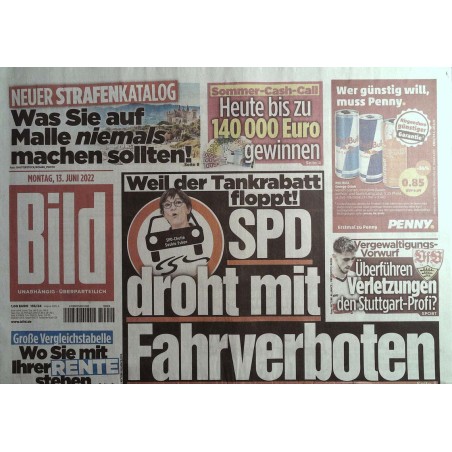 Bild Zeitung Montag, 13 Juni 2022 - SPD droht mit Fahrverboten
