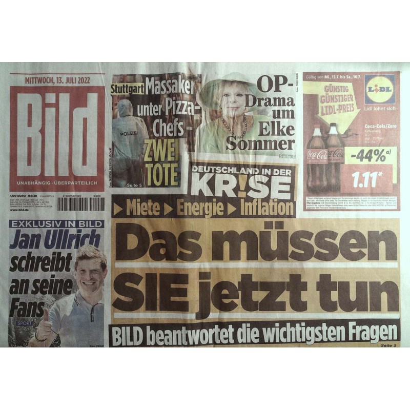 Bild Zeitung Mittwoch, 13 Juli 2022 - Deutschland in der Krise!