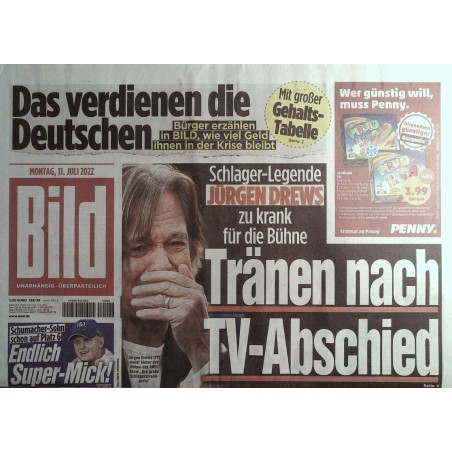 Bild Zeitung Montag, 11 Juli 2022 - Legende Jürgen Drews