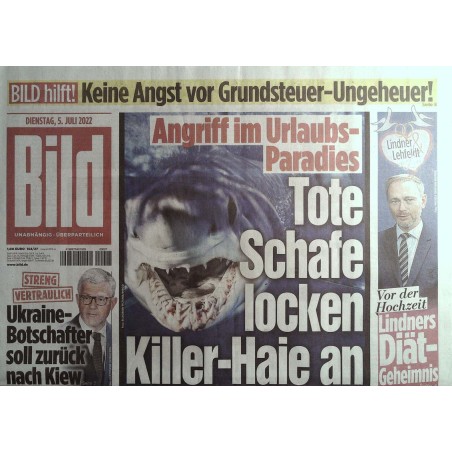 Bild Zeitung Dienstag, 5 Juli 2022 - Killer-Haie