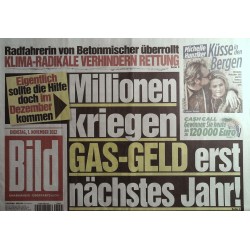 Bild Zeitung Dienstag, 1 November 2022 - Gas Geld nächtes Jahr