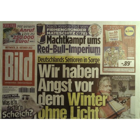 Bild Zeitung Mittwoch, 26 Oktober 2022 - Senioren in Sorge