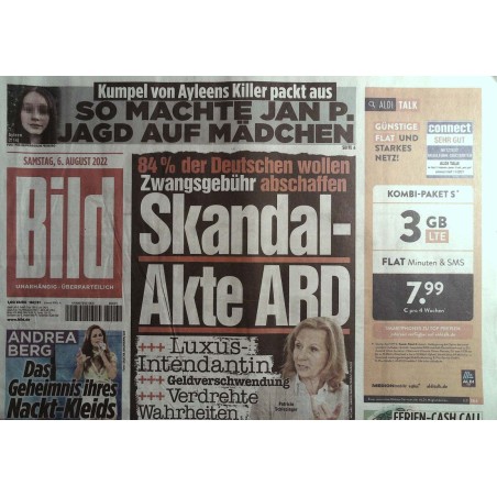 Bild Zeitung Samstag, 6 August 2022 - Skandalakte ARD