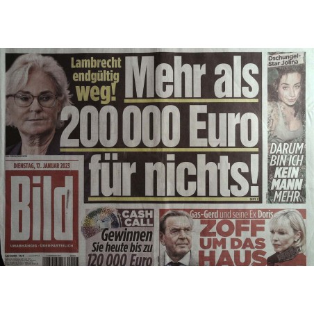 Bild Zeitung Dienstag, 17 Januar 2023 - Christine Lambrecht