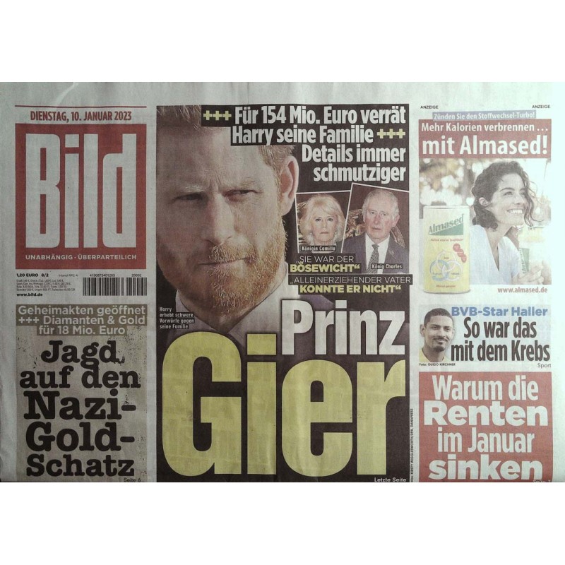 Bild Zeitung Dienstag, 10 Januar 2023 - Prinz Harry