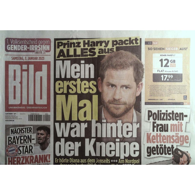 Bild Zeitung Samstag, 7 Januar 2023 - Prinz Harry packt aus