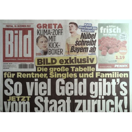 Bild Zeitung Freitag, 30 Dezember 2022 - Bild exklusiv