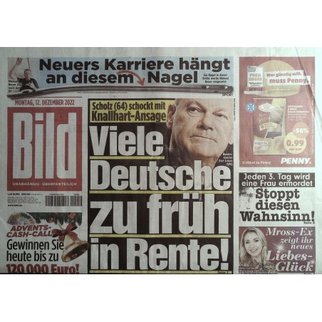 Bild Zeitung Montag, 12 Dezember 2022 - Olaf Scholz