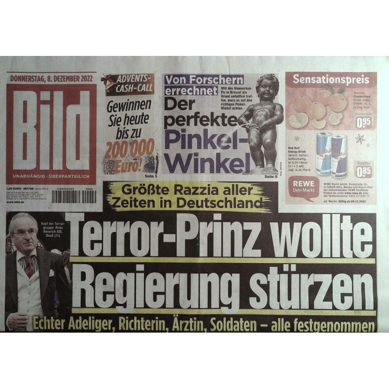Bild Zeitung Donnerstag, 8 Dezember 2022 - Prinz Heinrich Reuß