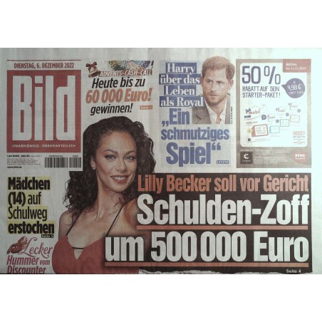 Bild Zeitung Dienstag, 6 Dezember 2022 - Lilly Becker